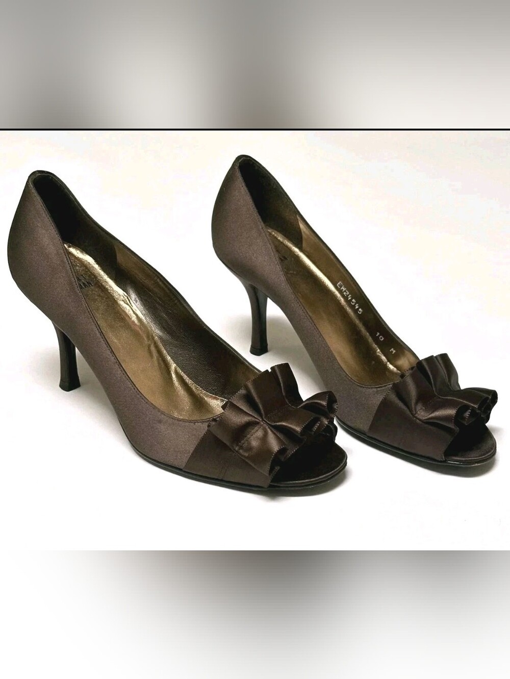Stuart Weitzman Brown Satin Ruffle Bow Peep Toe Pumps 10M